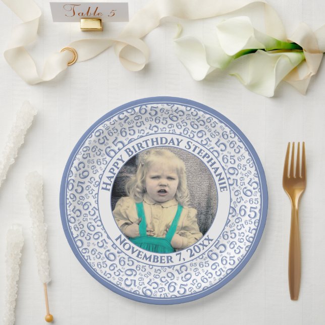 65 Your Photo Random Number Pattern Blue/White Paper Plates (Wedding)