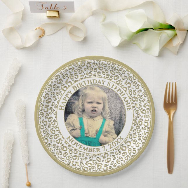 65 Your Photo Random Number Pattern Gold/White Paper Plates (Wedding)