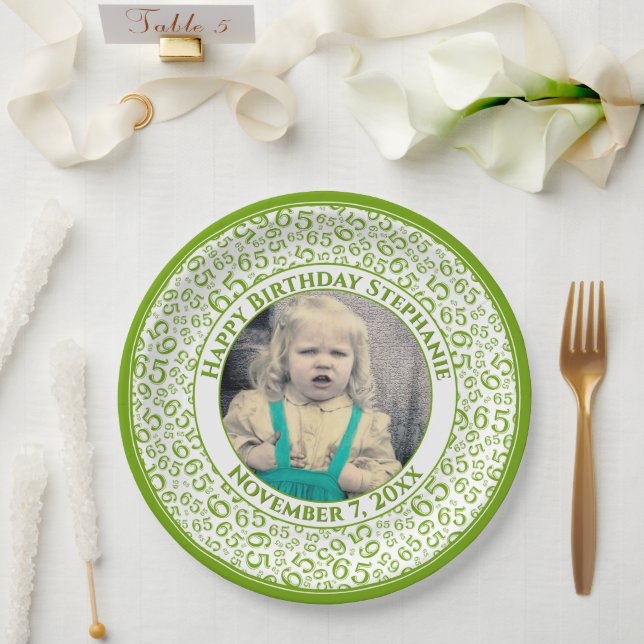 65 Your Photo Random Number Pattern Green/White Paper Plates (Wedding)