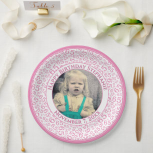 65 Your Photo Random Number Pattern Pink/White Paper Plates