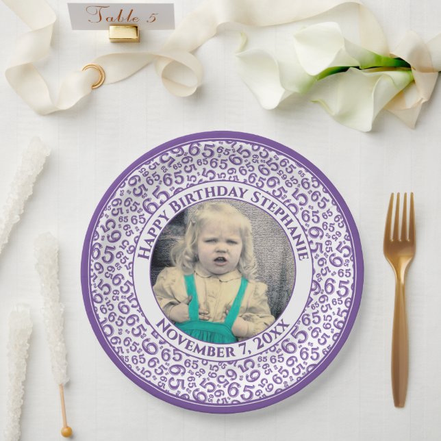 65 Your Photo Random Number Pattern Purple/White Paper Plates (Wedding)