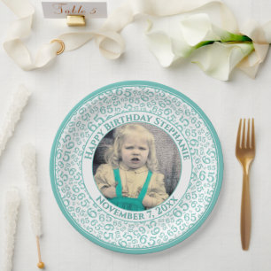 65 Your Photo Random Number Pattern Teal/White Paper Plates