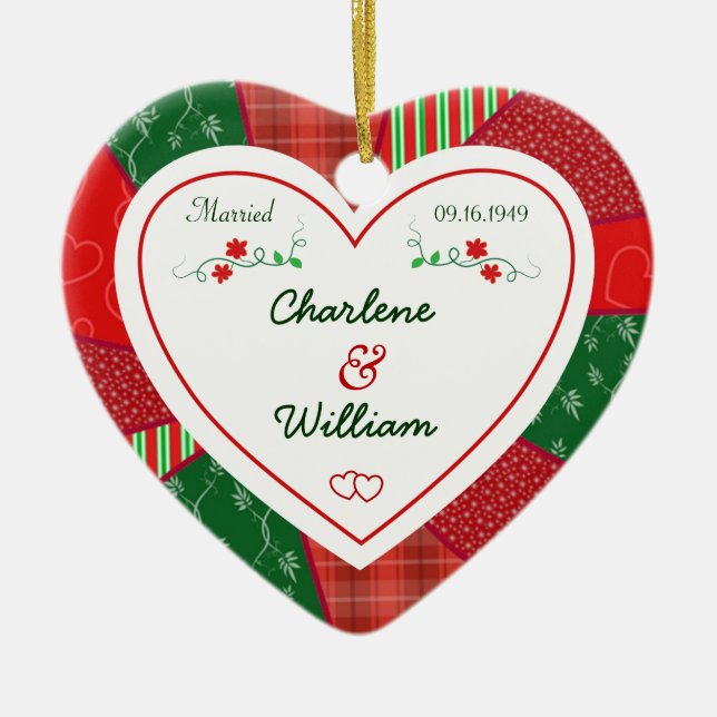 65th Anniversary Christmas Quilt Heart Gift Ceramic Ornament (Front)