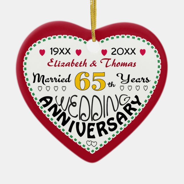 65th Anniversary gift heart shaped Christmas Ceramic Ornament (Front)