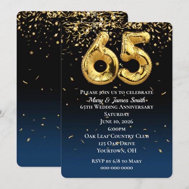 65th Anniversary Gold Balloons & Confetti  Invitation (Front/Back)