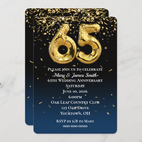 65th Anniversary Gold Balloons  Confetti  Invitation