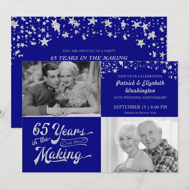 65th Anniversary Sapphire Silver Glitter Stars Invitation (Front/Back)