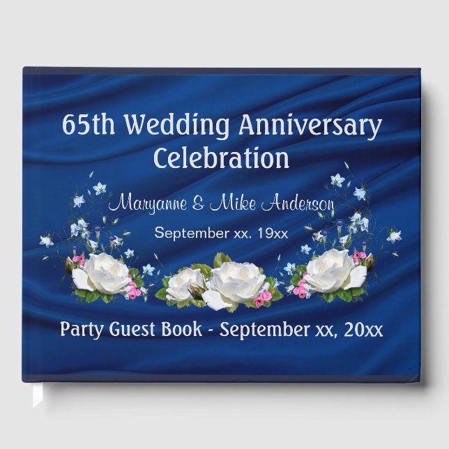 65th Anniversary Sapphire White Roses Custom Guest Book (Front)