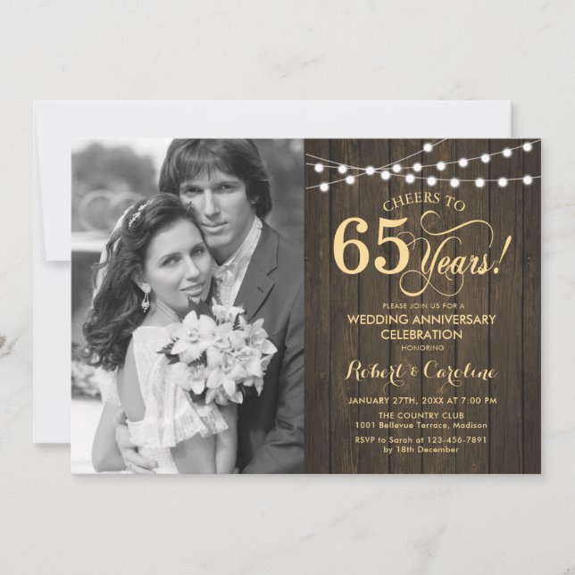 65th Anniversary with Photo - Rustic Wood Gold Invitation (Front)