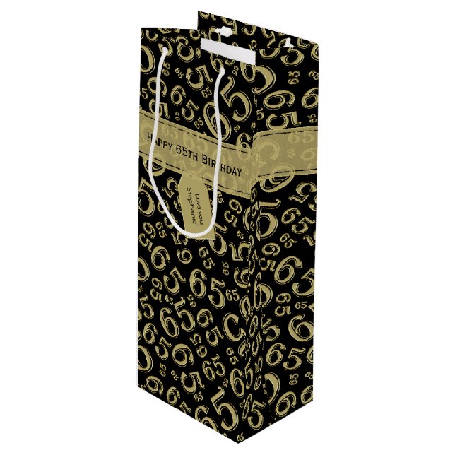 65th Biirthday Random Number Pattern Black/Gold Wine Gift Bag (Front Angled)