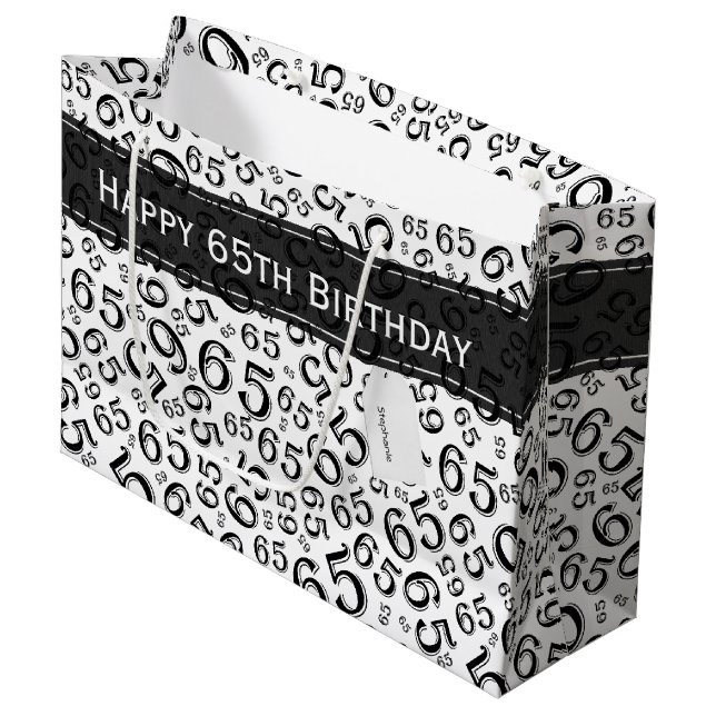 65th Biirthday Random Number Pattern Black/White Large Gift Bag (Front Angled)