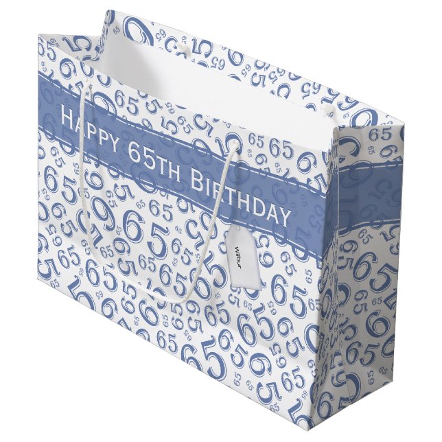 65th Biirthday Random Number Pattern Blue/White Large Gift Bag (Front Angled)