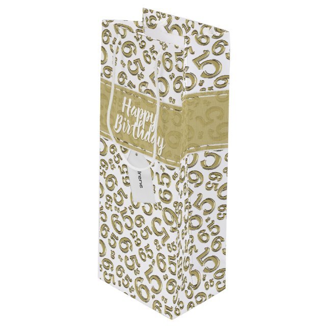 65th Biirthday Random Number Pattern Gold/White Wine Gift Bag (Front Angled)