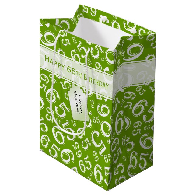 65th Biirthday Random Number Pattern Green/White Medium Gift Bag (Front Angled)