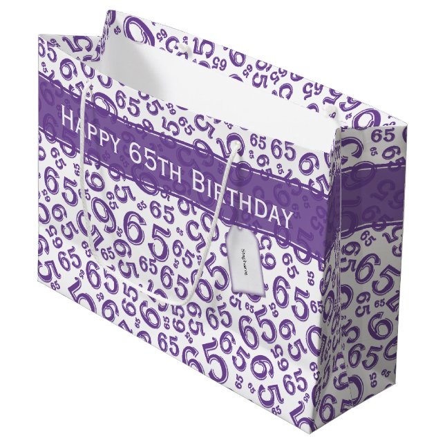 65th Biirthday Random Number Pattern Purple/White Large Gift Bag (Front Angled)