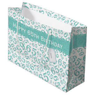 65th Biirthday Random Number Pattern Teal/White Large Gift Bag