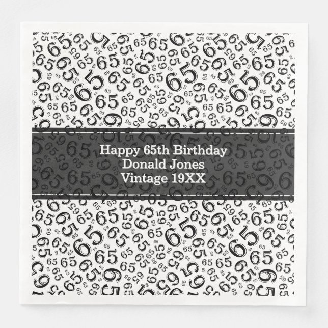 65th Birthday Age Number Pattern Black/White Paper Dinner Napkins (Front)