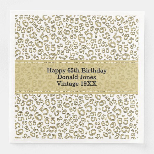 65th Birthday Age Number Pattern Gold/White Paper Dinner Napkins (Front)