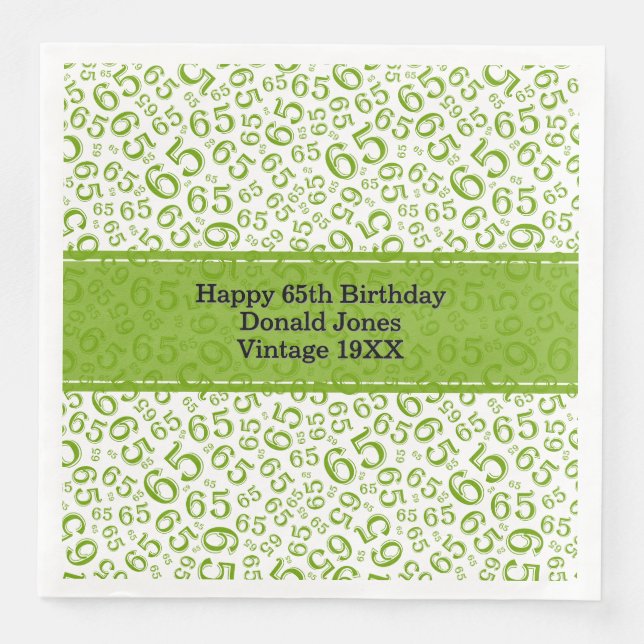 65th Birthday Age Number Pattern Green/Gold Paper Dinner Napkins (Front)