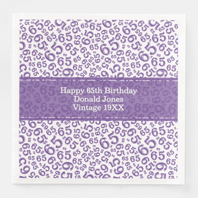 65th Birthday Age Number Pattern Putple/White Paper Dinner Napkins (Front)