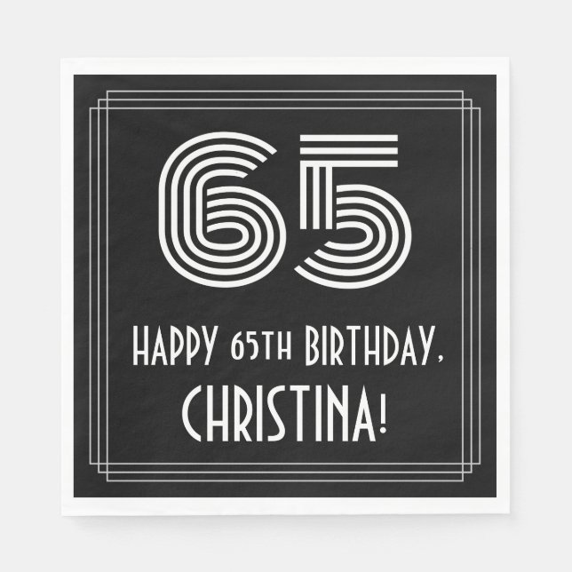 65th Birthday: Art Deco Inspired Look "65" + Name Napkins (Front)