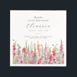 65th Birthday August Birth Month Flower Gladiolus Napkins<br><div class="desc">Perfect table decor for an August birthday party. Pink gladiolus is the birth flower for that month. It forms a pretty watercolor bottom border on this floral personalized napkin. The birthday guest of honor's name, age and birthdate are placed above it using elegant calligraphy and typography. All text is editable....</div>