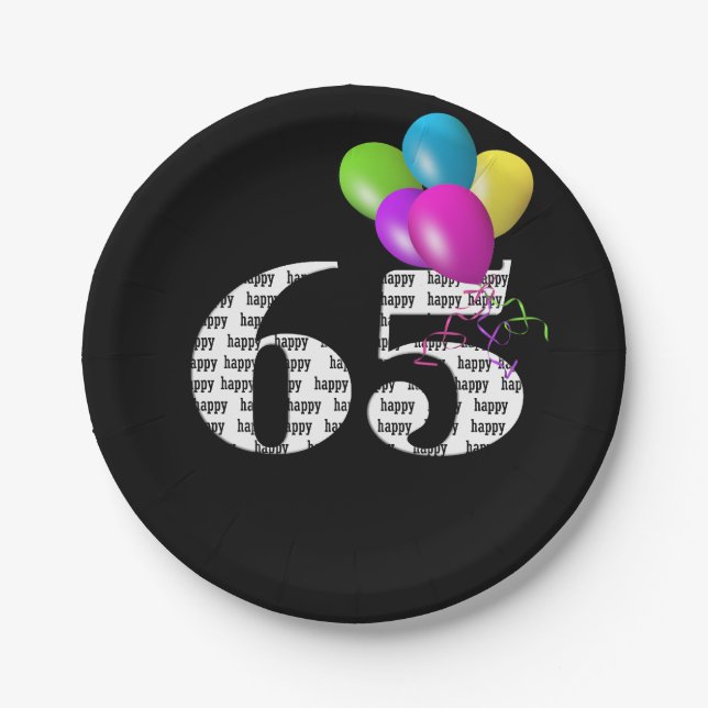 65th birthday balloon bouquet paper plates (Front)