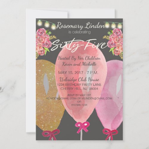 65th Birthday Balloons Flowers and Lights Invite