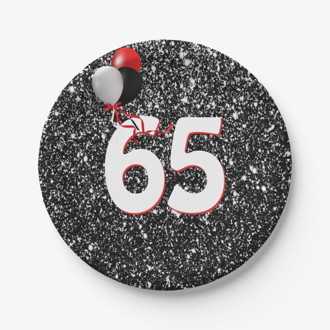65th Birthday Balloons on Black Glitter Paper Plates (Front)
