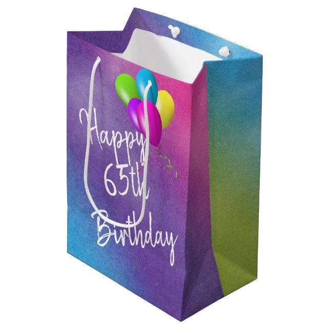 65th Birthday Balloons On Rainbow  Medium Gift Bag (Front Angled)