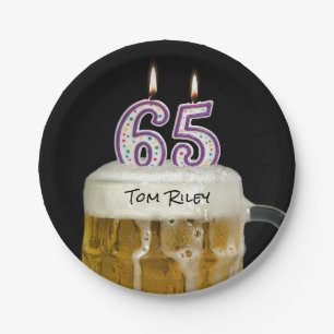 65th birthday beer with candles paper plates