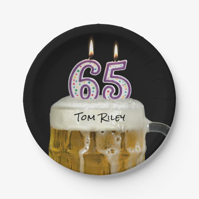 65th birthday beer with candles paper plates (Front)