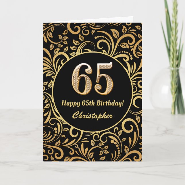 65th Birthday Black and Gold Floral Pattern Card (Front)