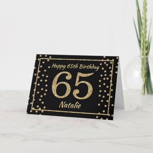 65th Birthday Black and Gold Glitter Confetti Card