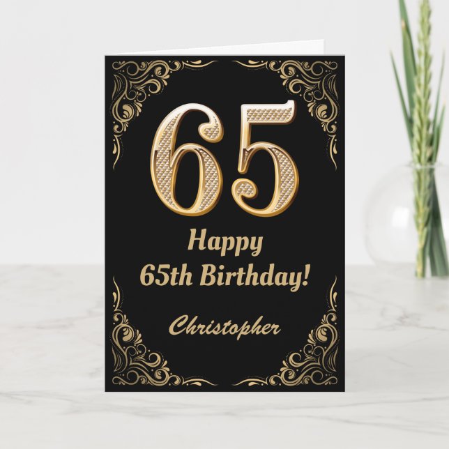 65th Birthday Black and Gold Glitter Frame Card (Front)