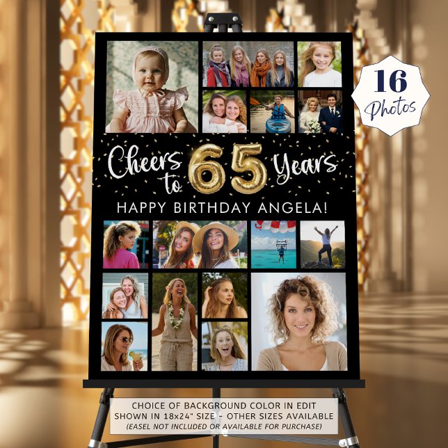 65th Birthday Black Gold 16 Photo Cheers to Years Foam Board (Creator Uploaded)