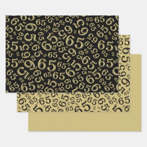 65th Birthday Black  Gold Number Pattern 65 Wrapping Paper Sheets
