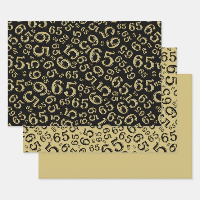 65th Birthday Black & Gold Number Pattern 65 Wrapping Paper Sheets (Set)
