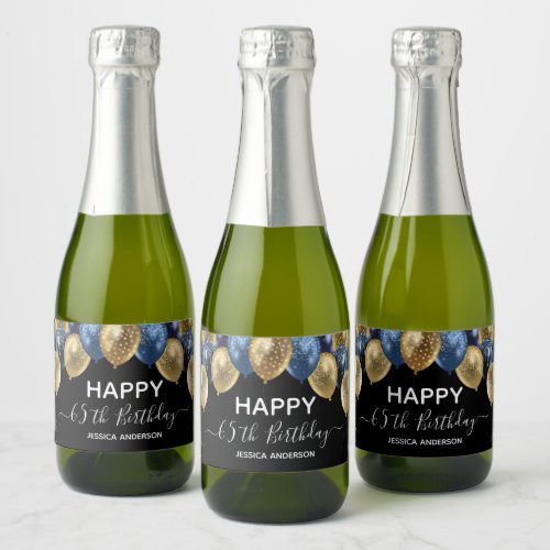 65th Birthday Blue and Gold Balloons Sparkling Wine Label