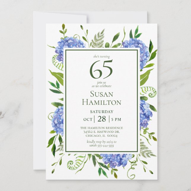 65th Birthday Blue Hydrangeas Invitation (Front)