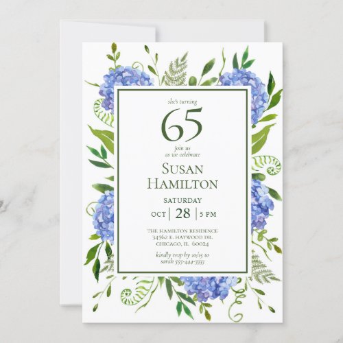 65th Birthday Blue Hydrangeas Invitation