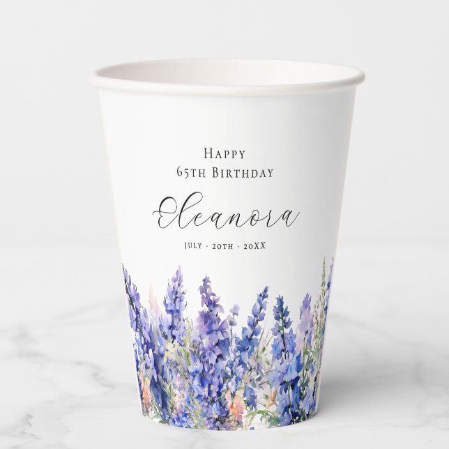 65th Birthday Blue July Birth Month Flower Custom Paper Cups (Front)