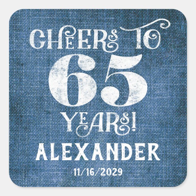 65th Birthday Blue Linen Thank You Favor Stickers (Front)