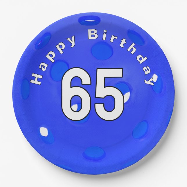 65th Birthday Blue Pickleball Paper Plates (Front)