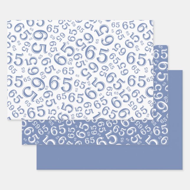 65th Birthday Blue & White Number Pattern 65 Wrapping Paper Sheets (Set)