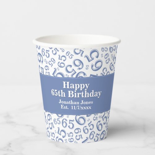 65th Birthday BlueWhite Random Number Pattern 65 Paper Cups