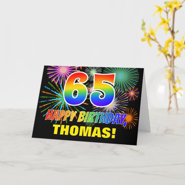 65th Birthday: Bold, Fun, Fireworks, Rainbow 65 Card (Yellow Flower)