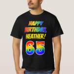 [ Thumbnail: 65th Birthday — Bold, Fun, Rainbow 65, Custom Name T-Shirt ]