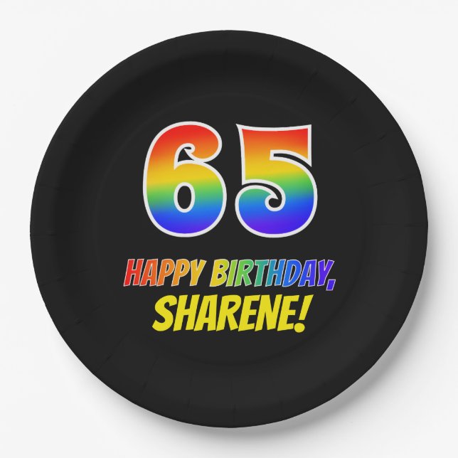 65th Birthday: Bold, Fun, Simple, Rainbow 65 Paper Plates (Front)