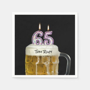 65th birthday candles in beer napkins
